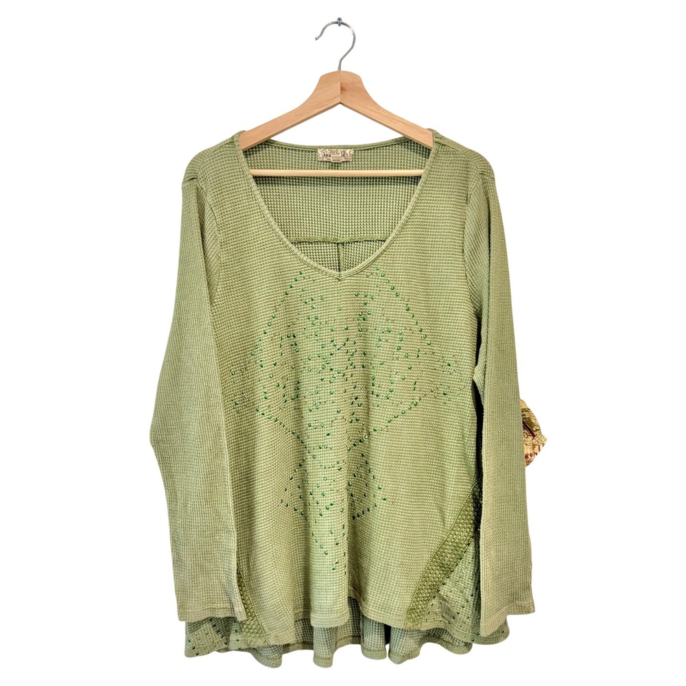 NWT One World Boho Fairy Sage Green Waffle Knit Rhinestone Top 1X